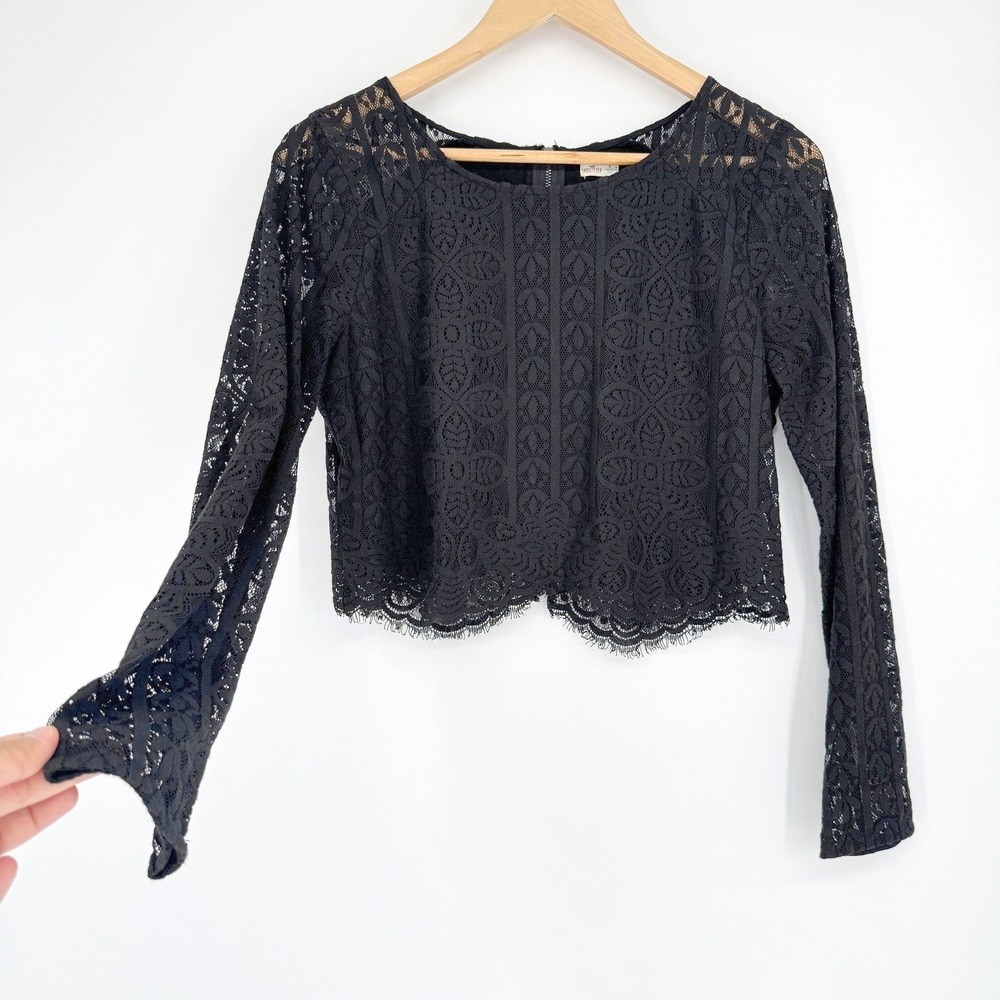 Hollister Lace Crop Top Sz M Black Long Sleeve Zip Back Coquette Whimsigoth Y2K
